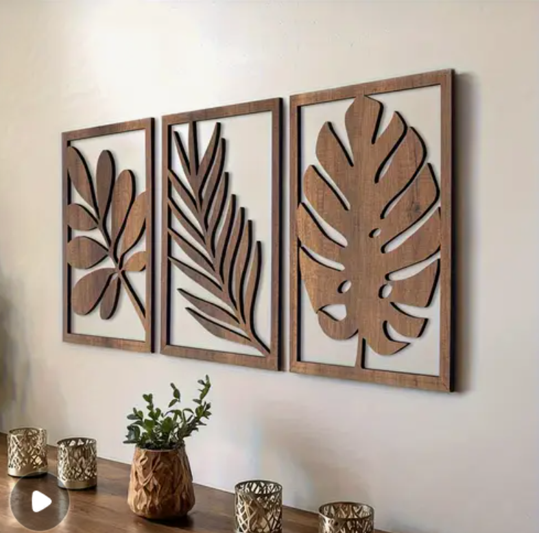 3-Piece Sheesham Polish Wooden Leaf Wall Art – Textured Natural Decor Set